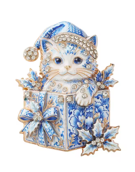 Santa’s Creations™ Blue and White Christmas Cat Brooch Pin, Rhinestone Kitten in Decorative Gift Box, Festive Holiday Jewelry, Christmas Gift for Cat Lovers Item #552963