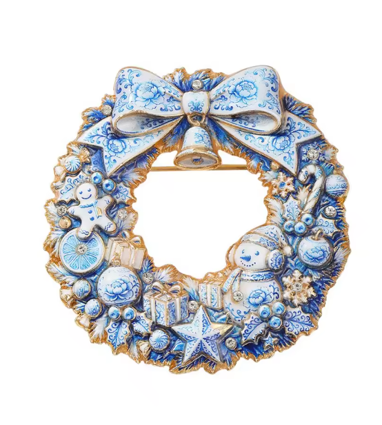 Santa’s Creations™ Blue and White Christmas Wreath Brooch Pin, Rhinestone Holiday Jewelry with Decorative Bow and Bell, Festive Christmas Gift Item #563281