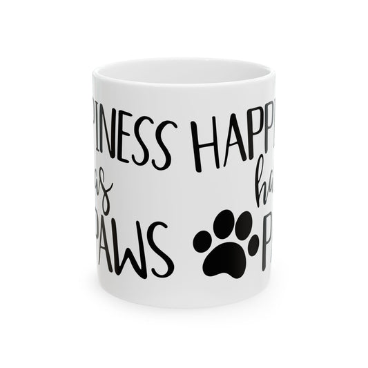 Dog Lover Ceramic Mug — “Happiness Has Paws” Paw Print Coffee Mug 11oz Item #259295