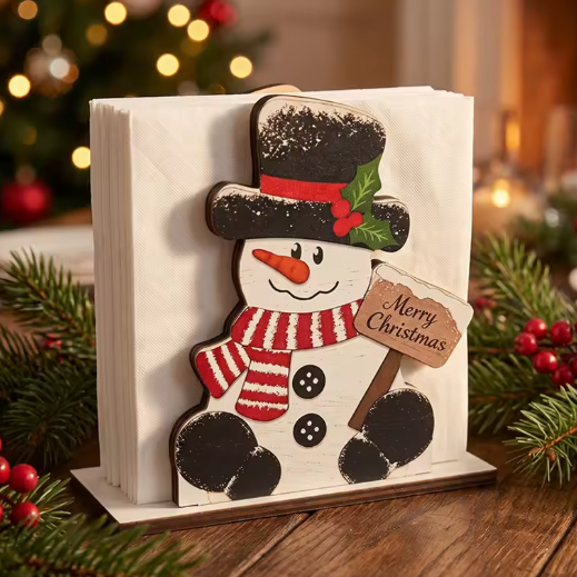 Snowman Holding Sign Wooden Napkin Holder By Santa's Creations