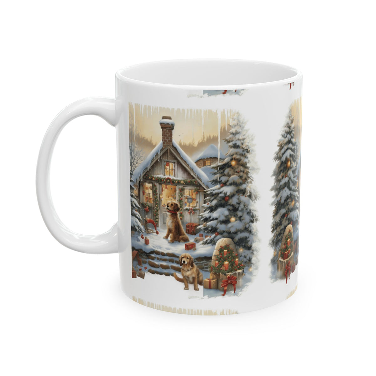 Winter Cabin Dogs Ceramic Mug — Cozy Snowy Cottage Holiday Coffee Cup 11oz Item #418791