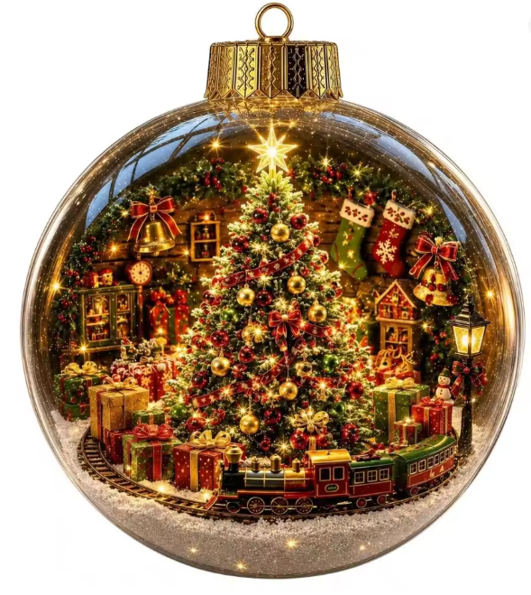 Santa's Creations Acrylic Christmas Train & Tree Ball Ornament With Light