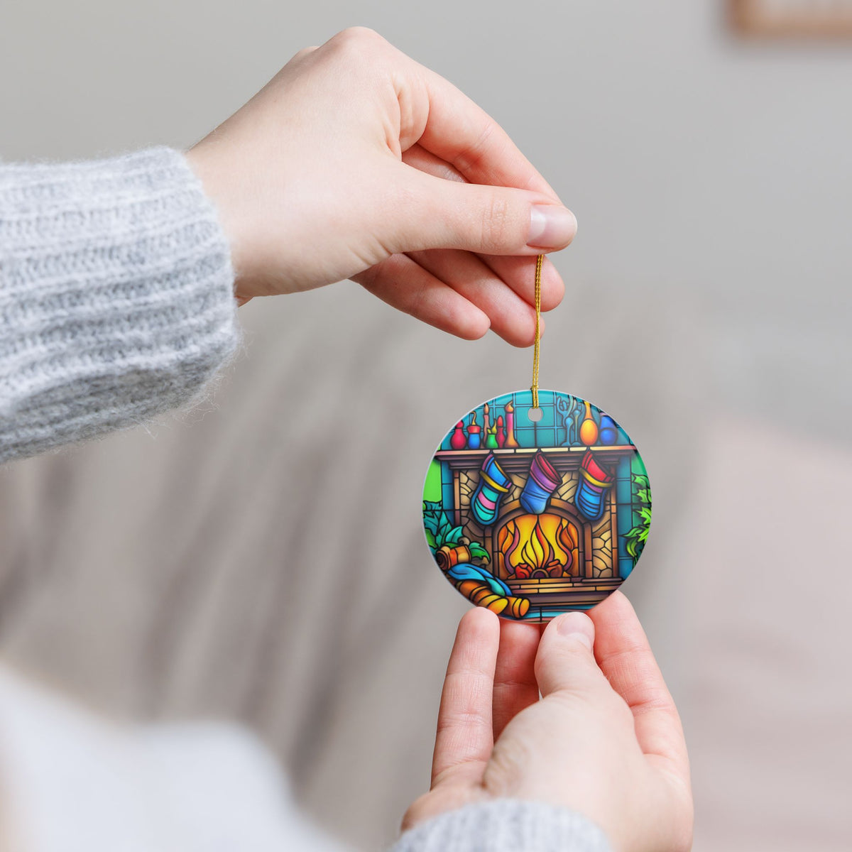 Stained Glass Christmas Fireplace Ceramic Ornament Item #873986