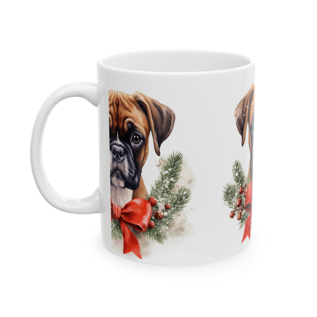 Boxer Dog Christmas Mug — Festive Boxer Portrait Ceramic Coffee Cup 11oz Item #849429
