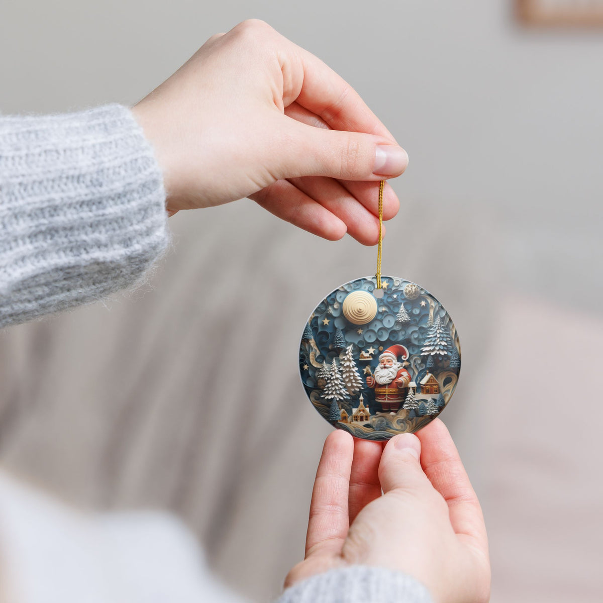 Ceramic Christmas Ornament with Santa, Winter Village & Snowy Forest Design Item #478394