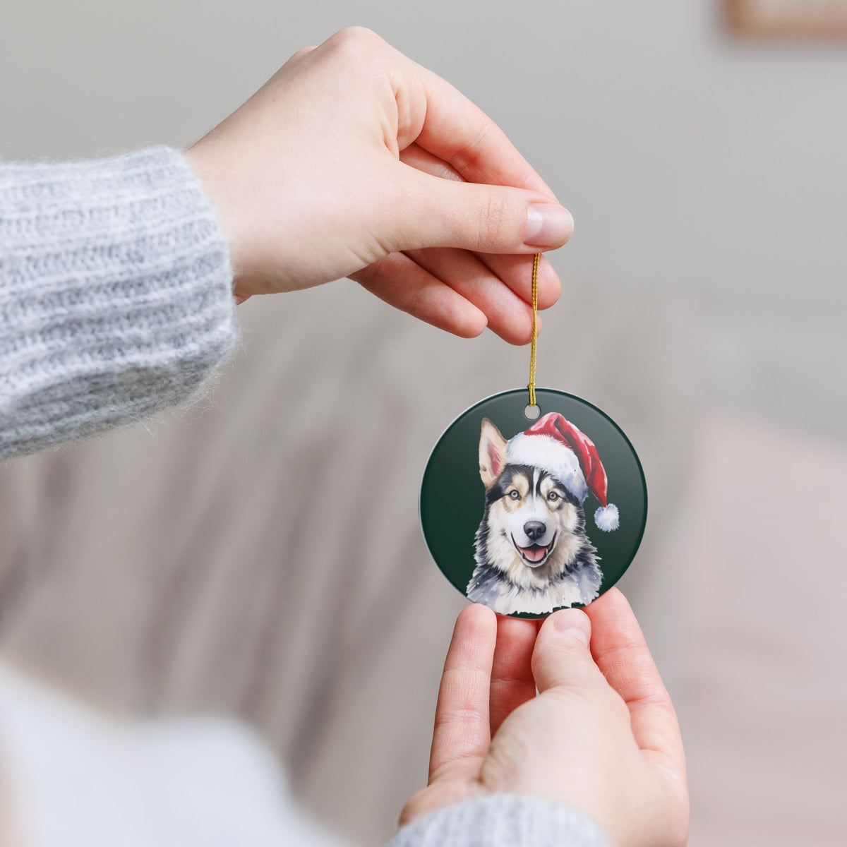Ceramic Ornament – Christmas Husky Dog in Santa Hat Item #667207