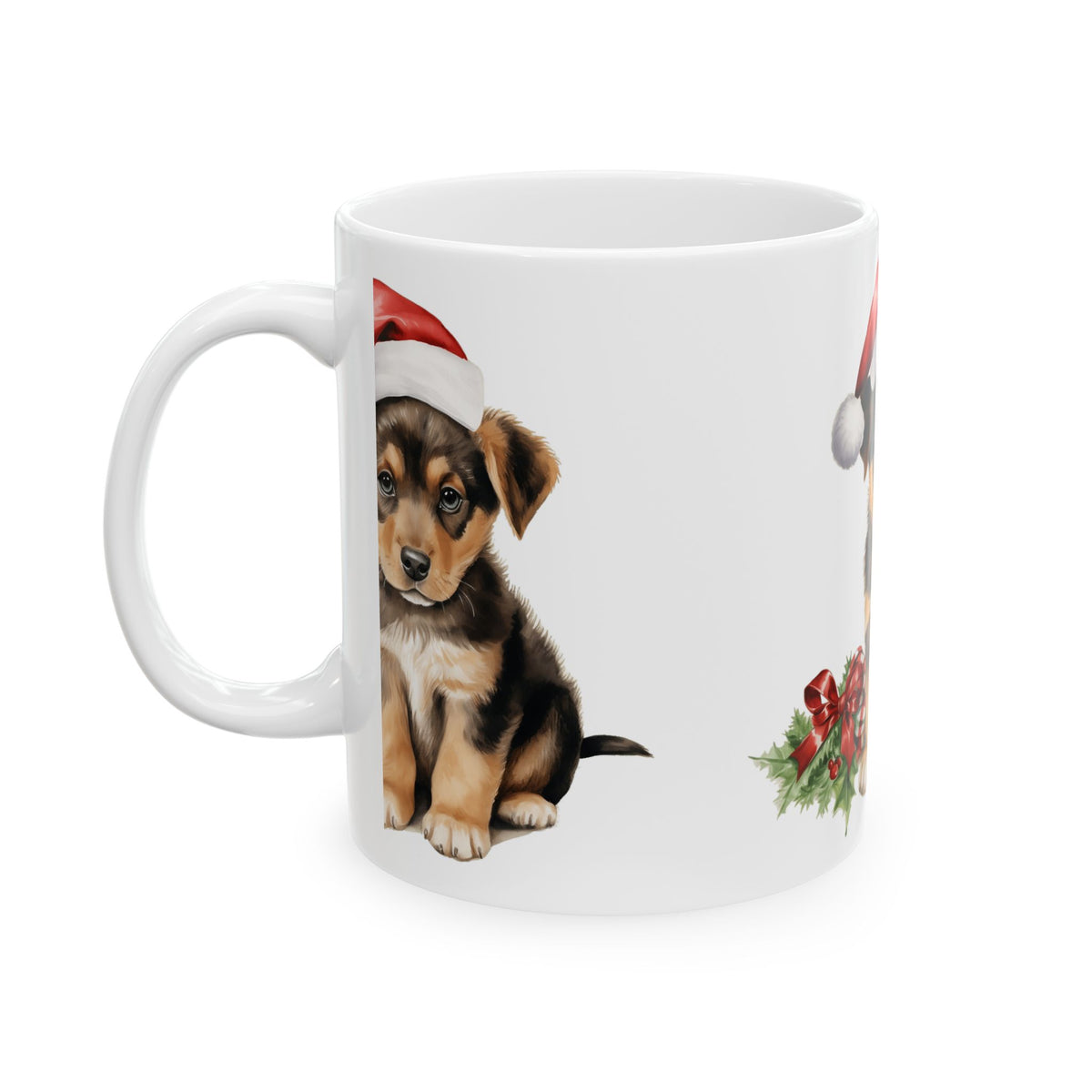 Christmas Puppy Ceramic Mug — Cute Puppy in Santa Hat Coffee Cup 11oz Item #10546