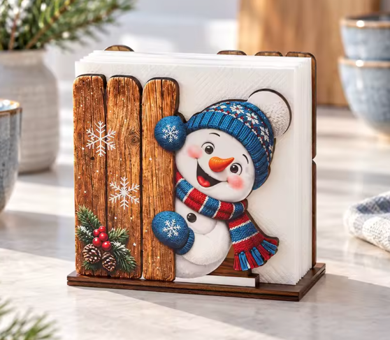 Snowman Looking Around Fence Wooden Napkin Holder By Santa's Creations
