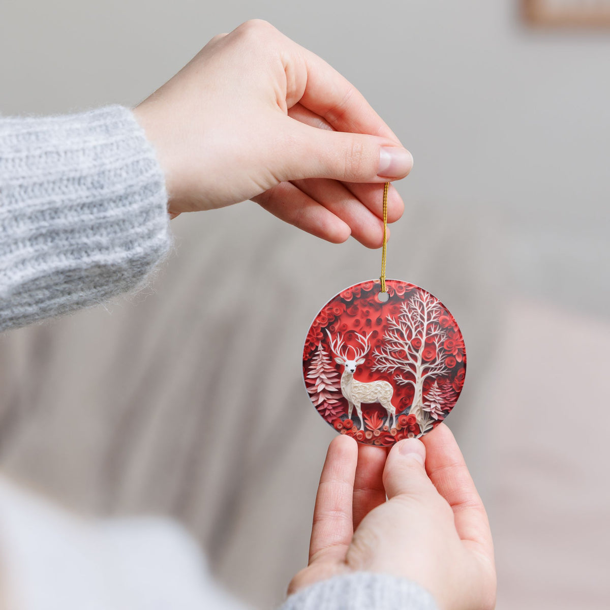 Ceramic Ornament – Red Winter Woodland Deer Christmas Tree Decoration Item #901369