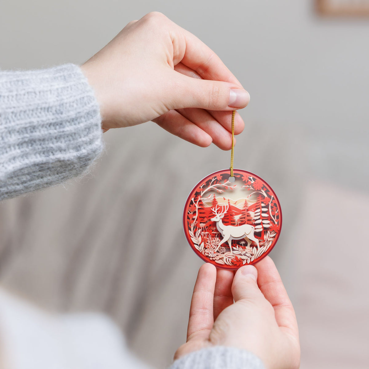 Ceramic Christmas Ornament – Red Reindeer Forest Holiday Decoration Item #928701