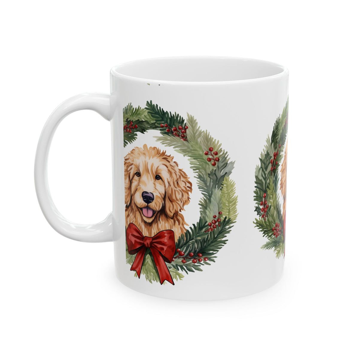 Golden Doodle Christmas Mug — Holiday Wreath with Red Bow 11oz Item #505705