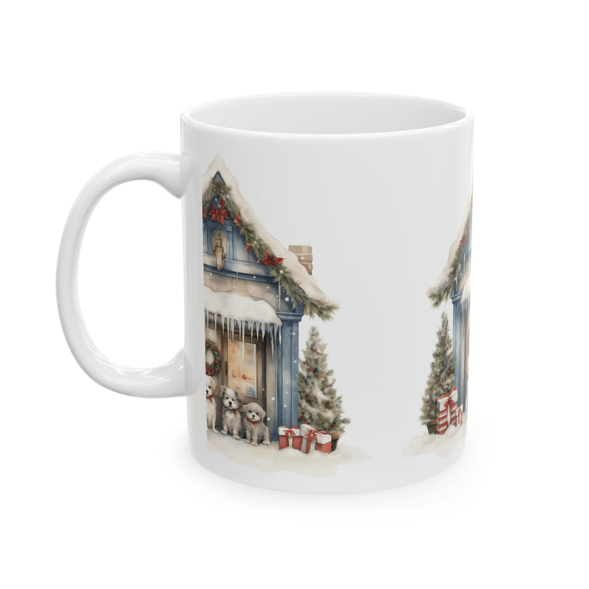 Christmas Puppy Cottage Mug — Winter Holiday Ceramic Coffee Cup 11oz Item #13398