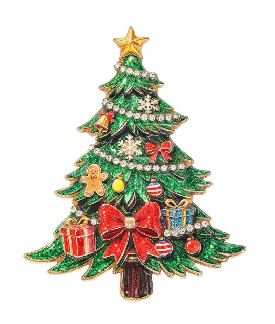 Santa’s Creations™ Green Christmas Tree Brooch Pin, Rhinestone Holiday Jewelry with Red Bow and Colorful Ornaments, Festive Christmas Accessory and Gift Item #78752