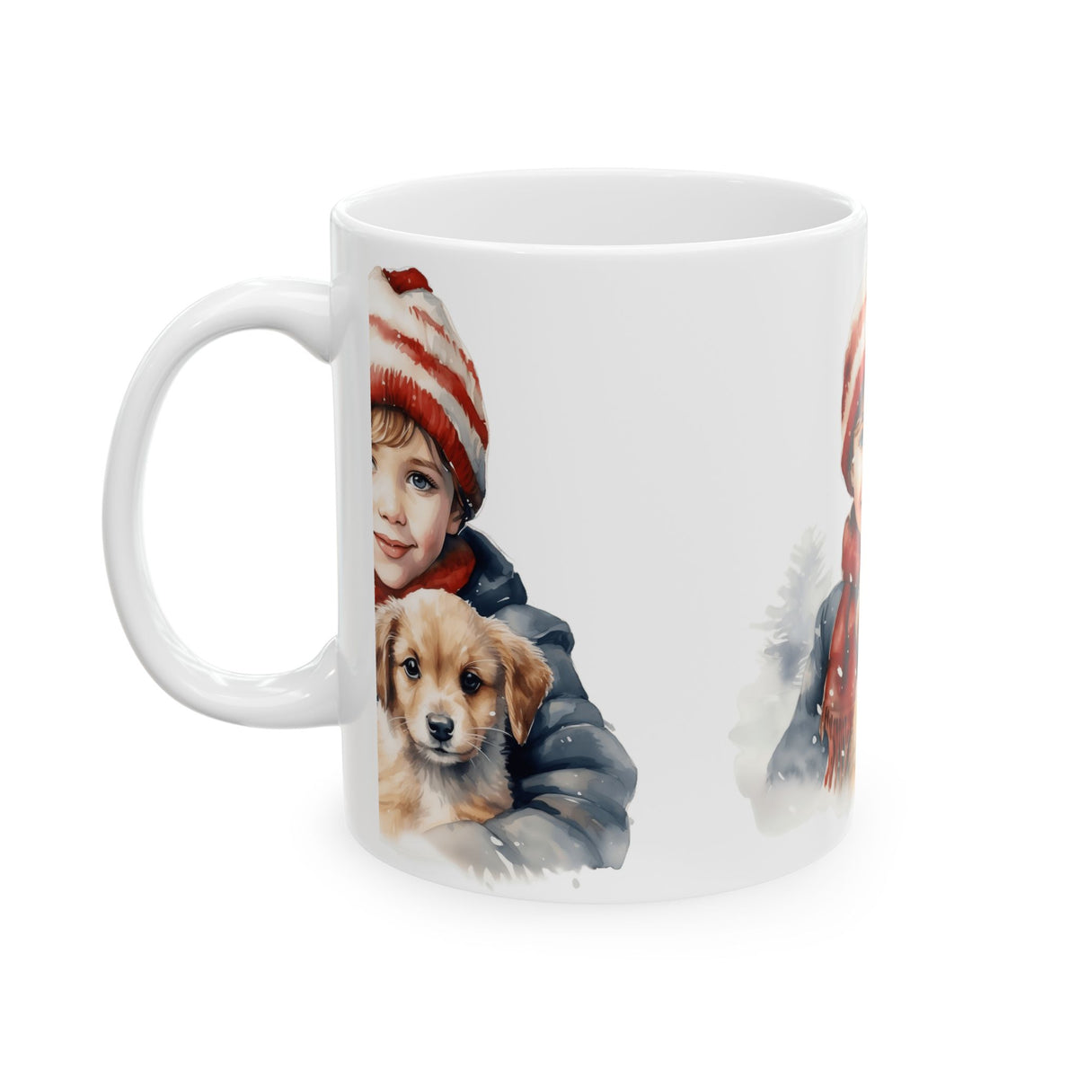 Holiday Child & Puppy Ceramic Mug — Cute Winter Christmas Coffee Cup 11oz Item #917644