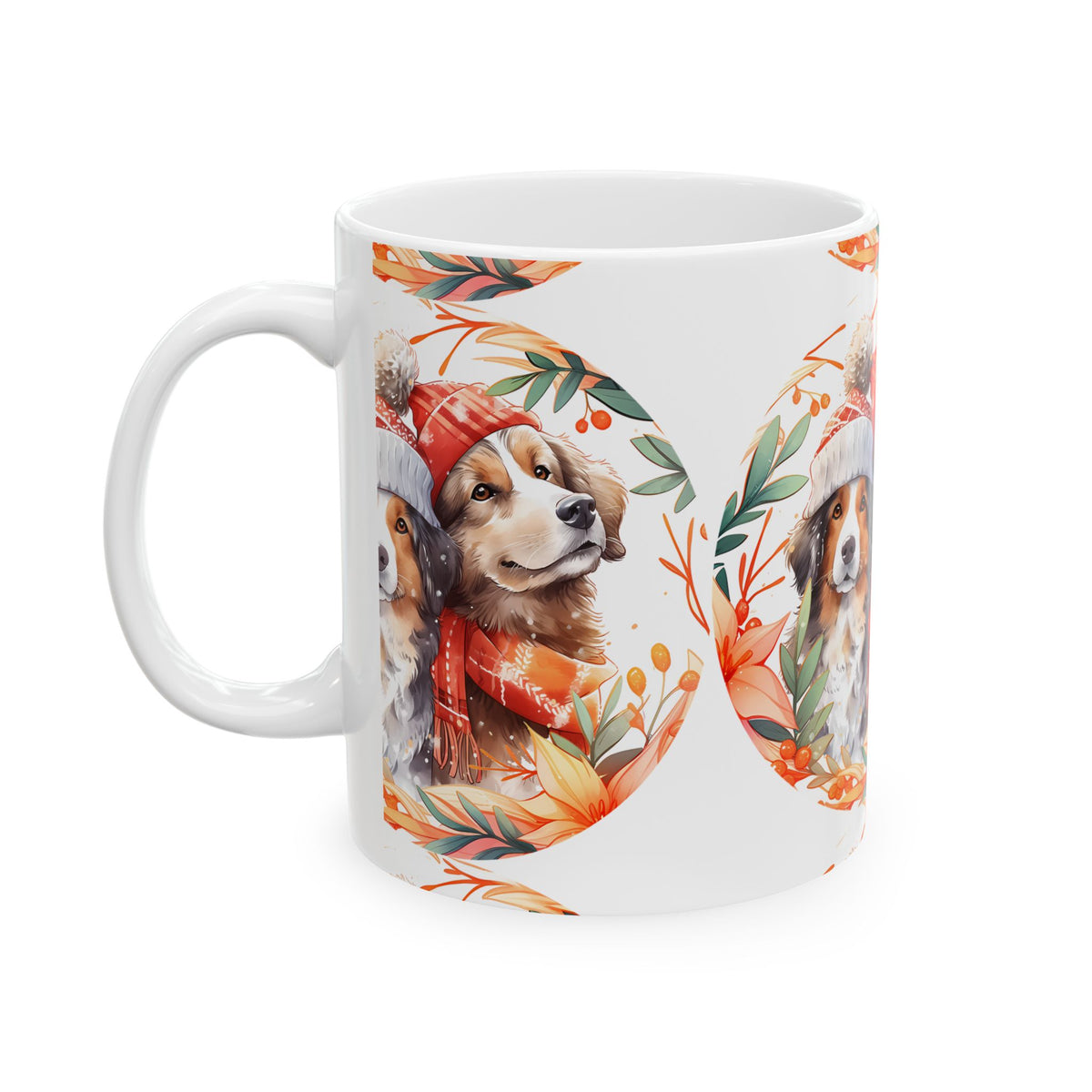 Autumn Dog Mug – Cozy Season Ceramic Coffee Cup with Dogs in Scarves 11oz Item #829525