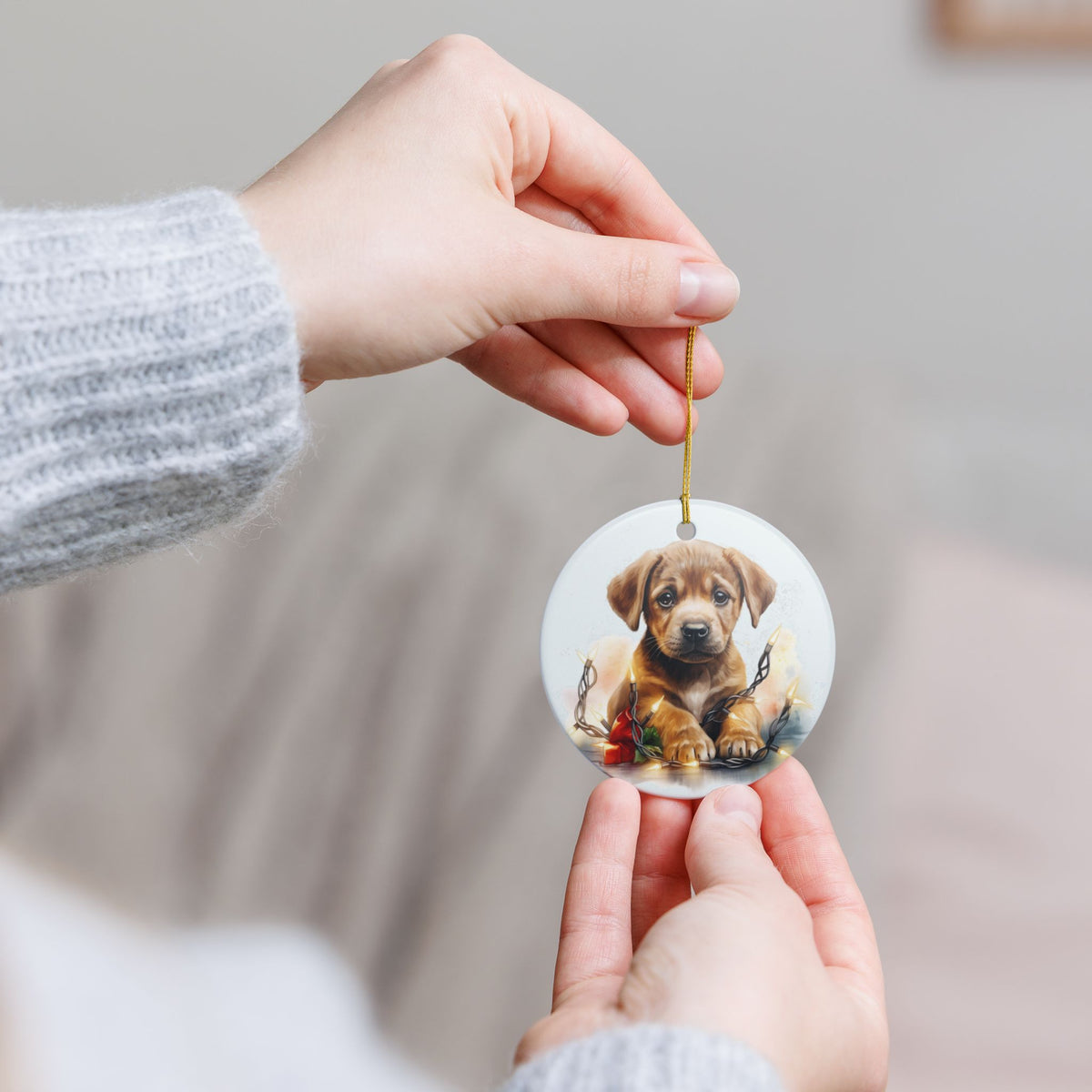 Ceramic Christmas Ornament – Adorable Puppy with Holiday Lights Item #742729