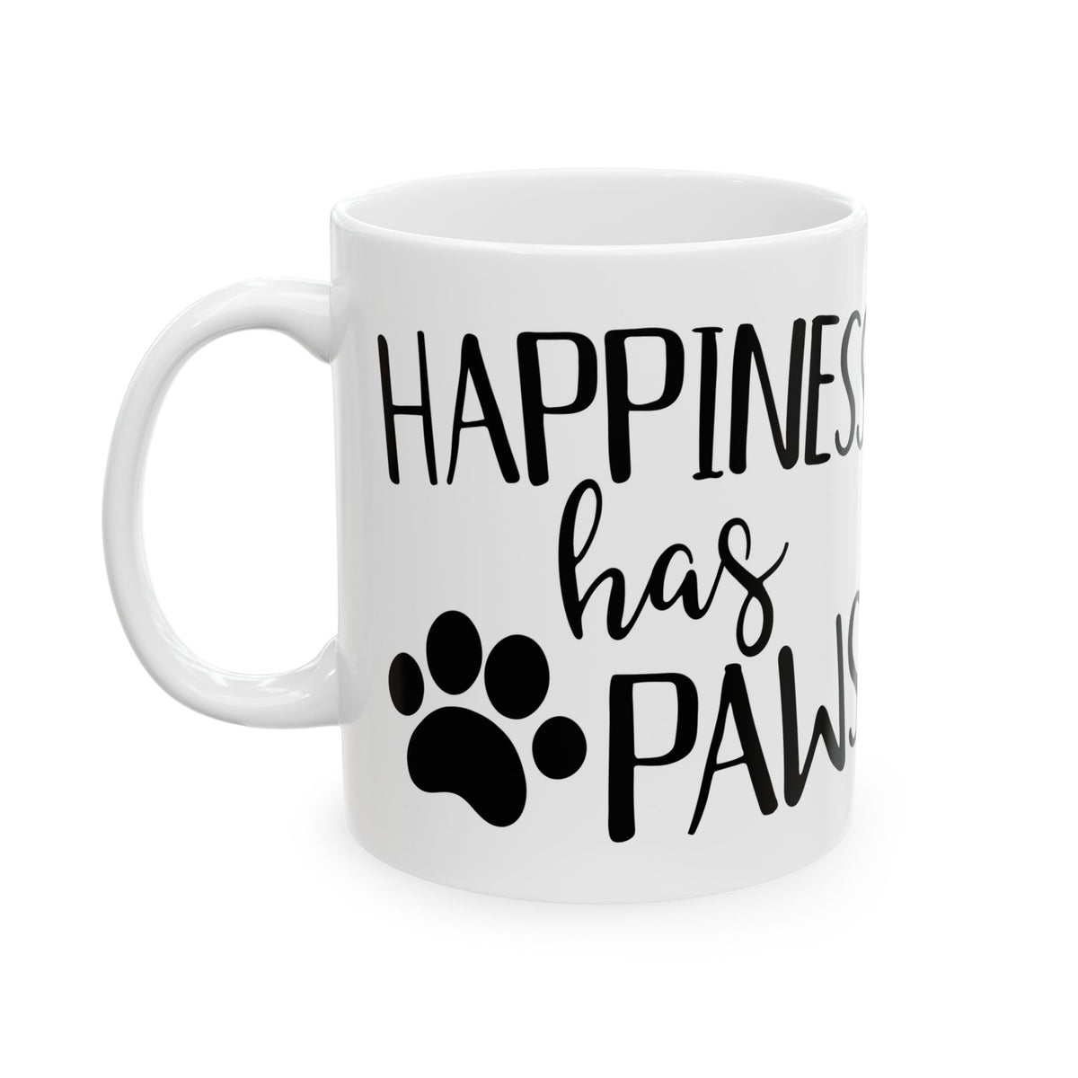 Dog Lover Ceramic Mug — “Happiness Has Paws” Paw Print Coffee Mug 11oz Item #259295