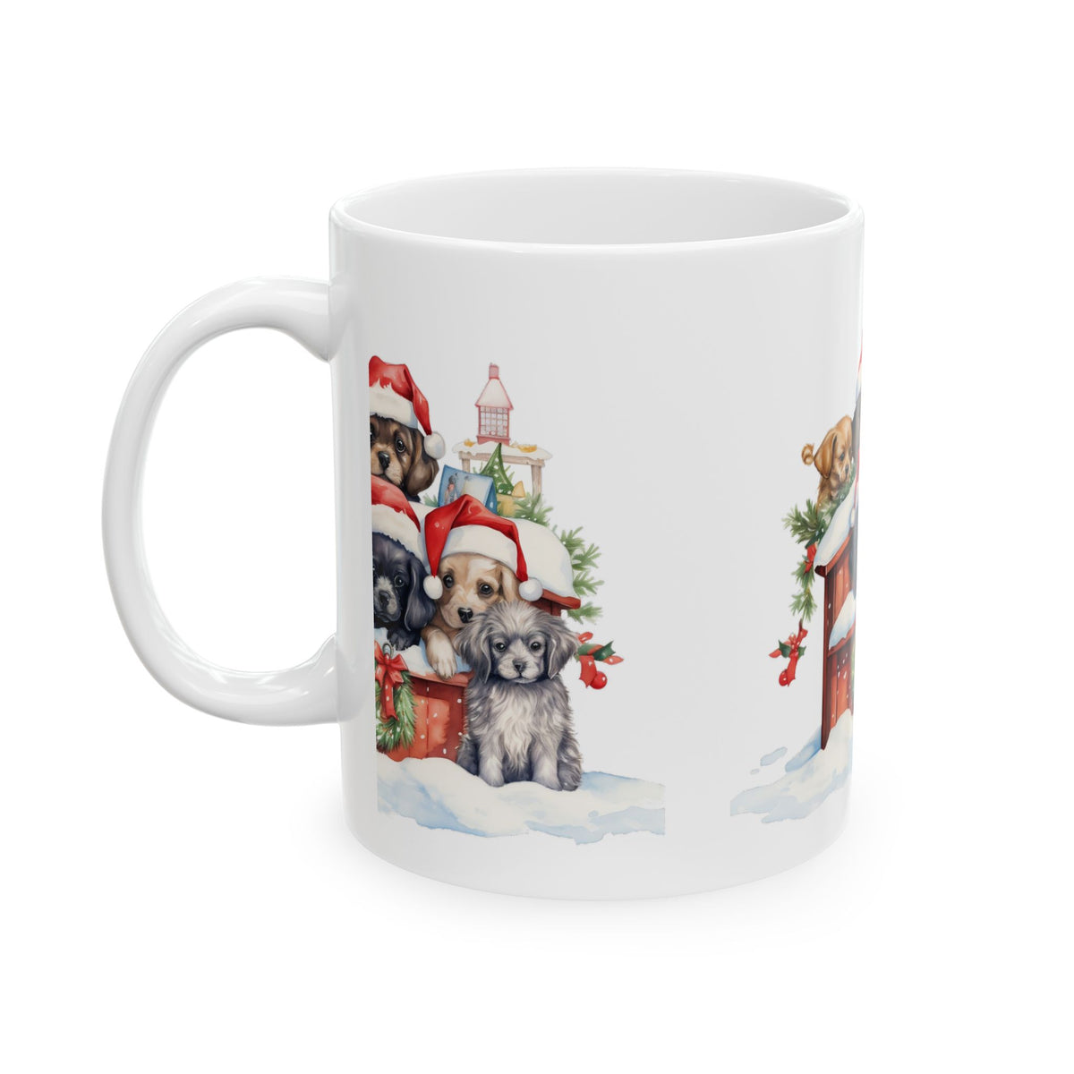 Christmas Puppies Ceramic Mug — Cute Dogs in Santa Hats 11oz Item #863752