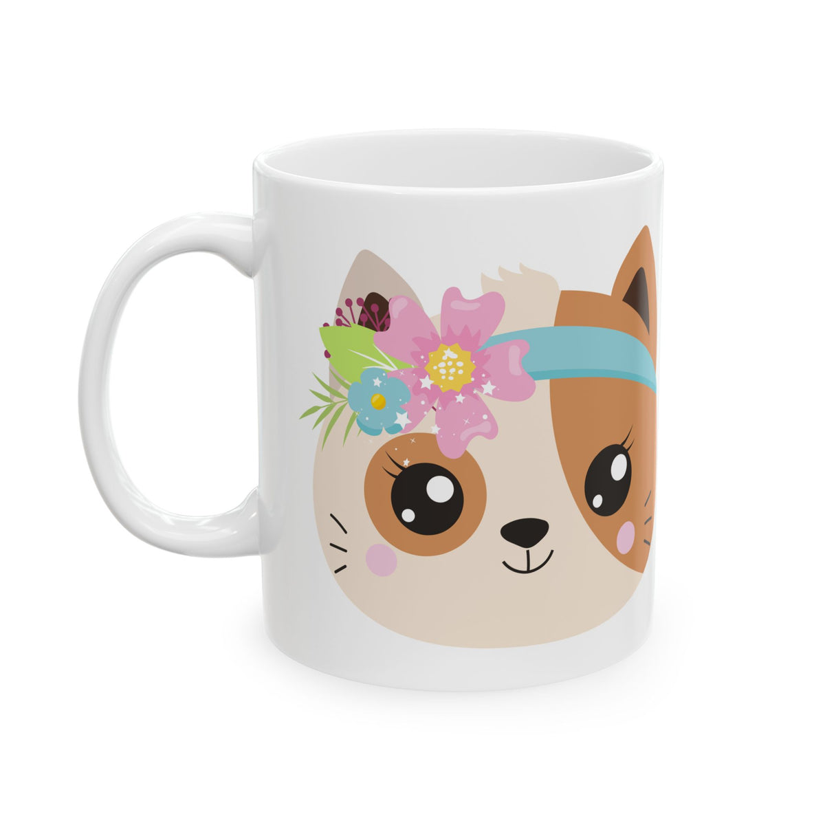 Cute Cat Faces Ceramic Mug — Floral & Headband Kitty Coffee Cup 11oz Item #954126