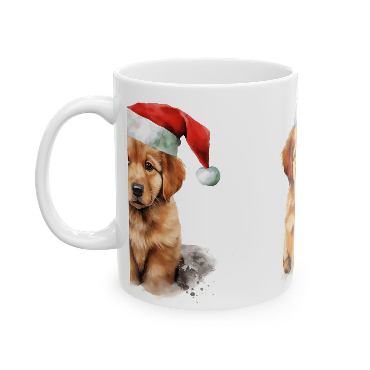 Christmas Puppy Mug — Cute Golden Retriever Puppy Wearing Santa Hat, Holiday Coffee Cup 11oz Item #365853