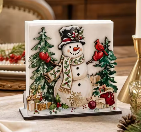 Snowman With Trees And A Cardinal Wooden Napkin Holder By Santa's Creations