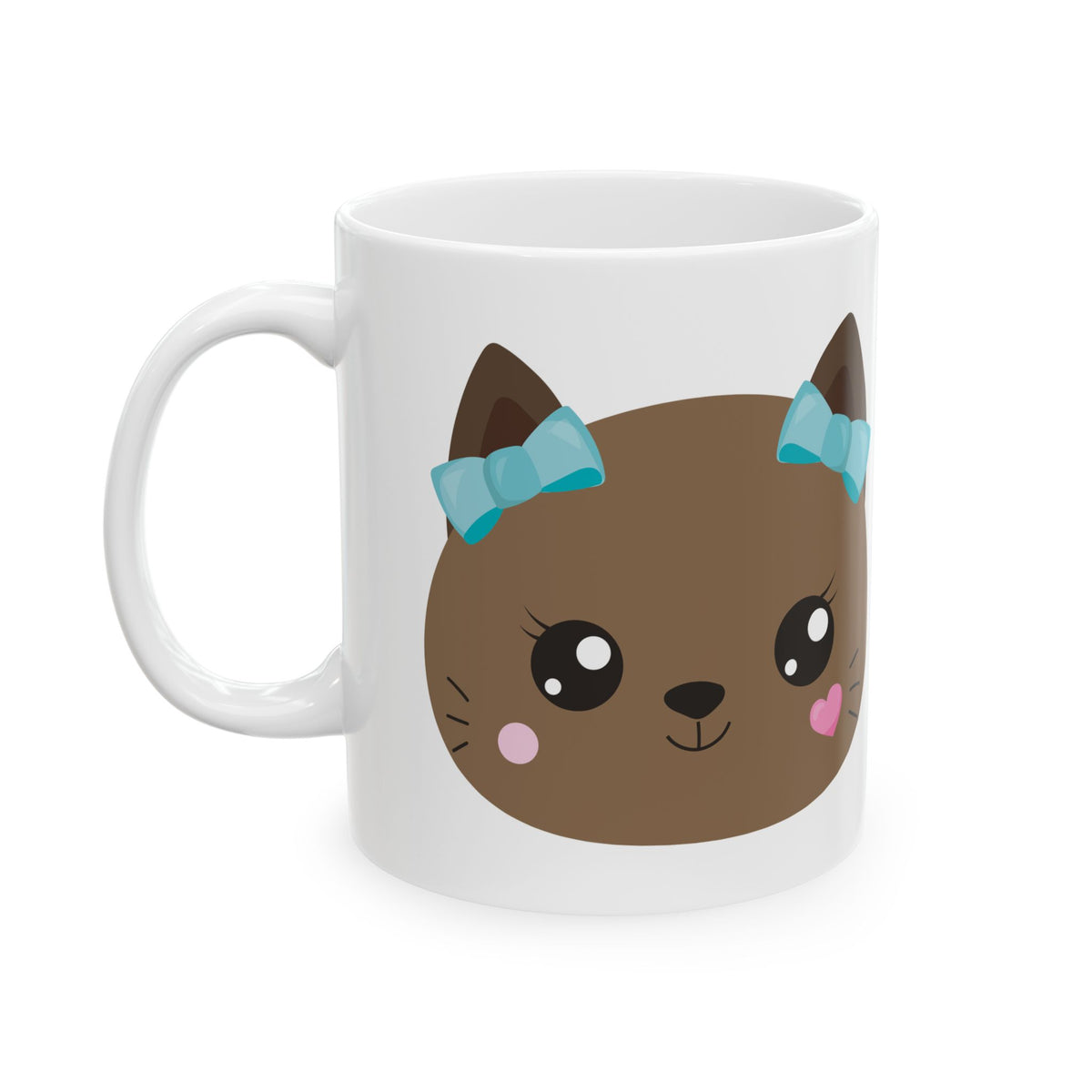 Cute Brown Cat Face Mug with Blue Bow – Kawaii Kitten Ceramic Coffee Cup 11oz Item #616709