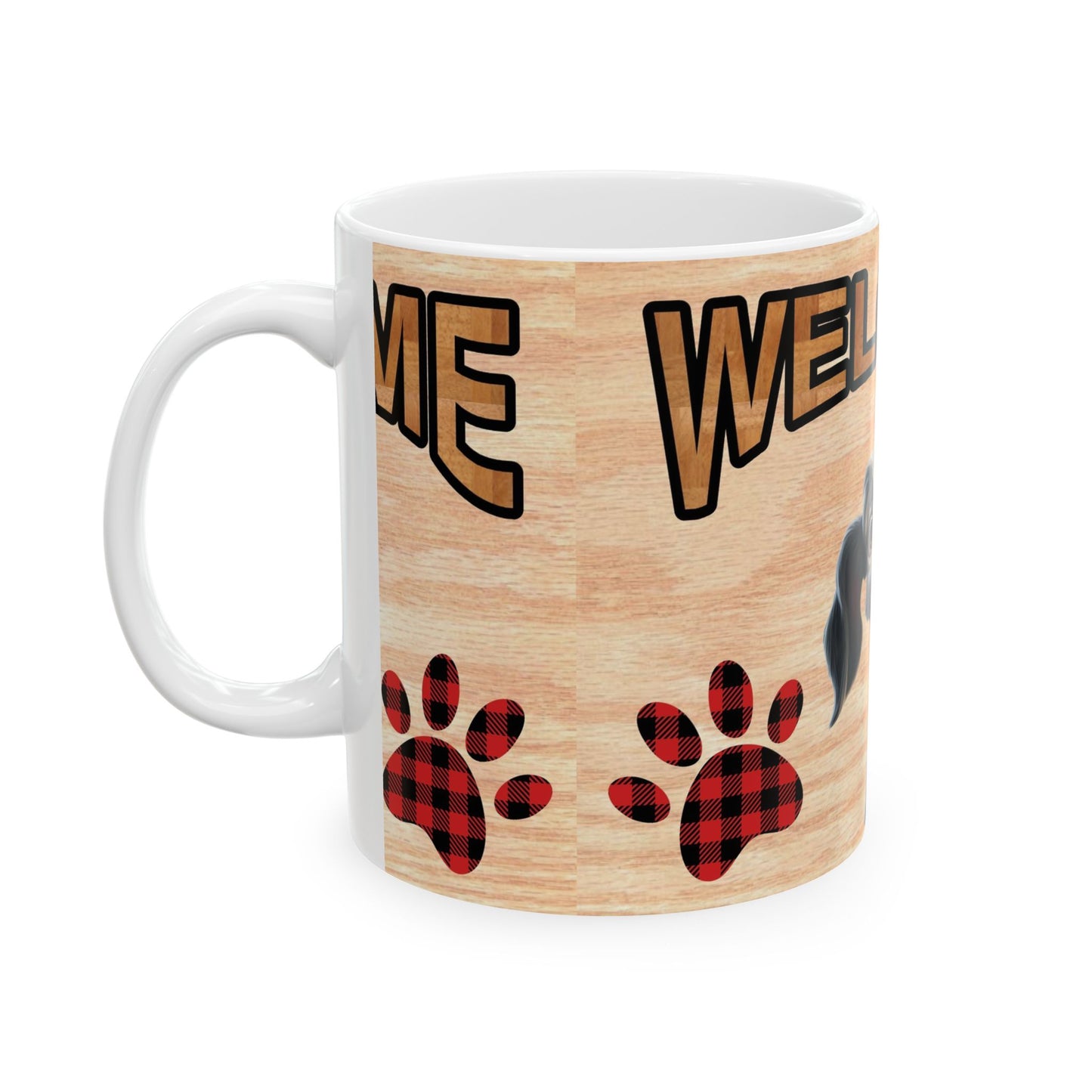 Welcome Dog Ceramic Mug — Cute Happy Pup with Buffalo Plaid Paw Prints 11oz Item #75831