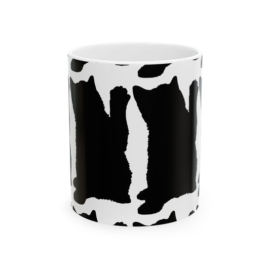 Cat Print Ceramic Mug – Black & White Farmhouse Coffee Cup 11oz Item #87199