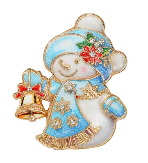 Santa’s Creations™ Blue and White Christmas Snowman Brooch Pin, Rhinestone Winter Snowman with Festive Bell and Red Bow, Holiday Jewelry and Christmas Gift Item #985047