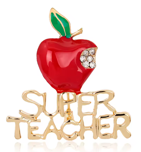 Serenity Gems™ “Super Teacher” Apple Brooch Pin – Red Apple with Green Leaf, Rhinestone Detail, and Gold-Tone Lettering
