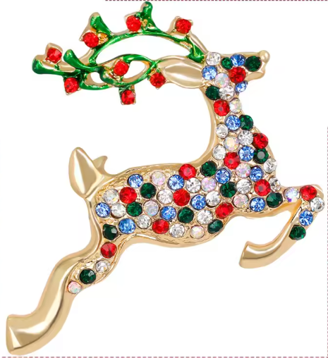 Serenity Gems Christmas Reindeer Brooch Pin - Gold-Tone Reindeer With Multicolor Rhinestones and Holly Accents