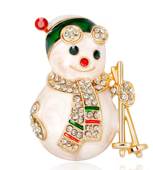 Snowman with Rhinestone Scarf, Green Hat, and Gold-Tone Skis Brooch