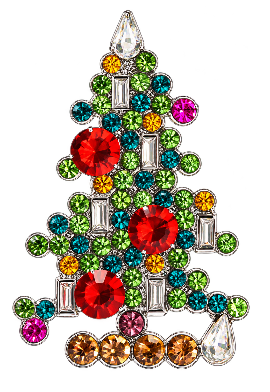 Santa’s Creations™ Multicolor Crystal Christmas Tree Brooch Pin, Red and Green Rhinestone Holiday Jewelry with Colorful Gem Accents, Festive Christmas Accessory Item #777924