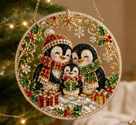 Santa’s Creations Merry Penguin Family Jeweled Christmas Ornament Item #110738