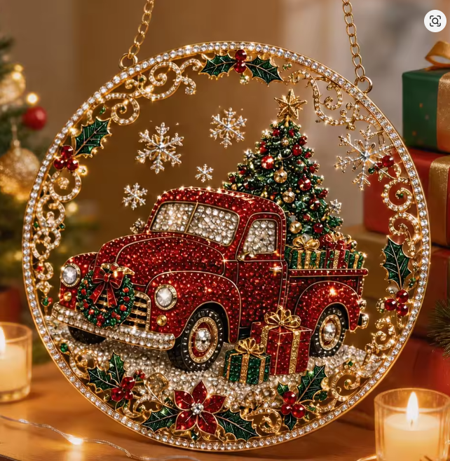Santa’s Creations Vintage Christmas Pickup Truck Jeweled Holiday Hanging Display Item #232414