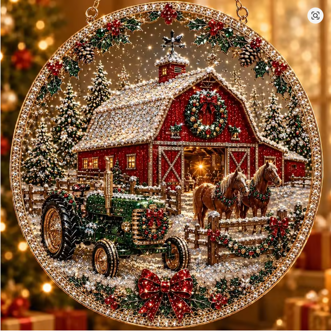 Santa’s Creations Rustic Christmas Farmhouse Barn & Tractor Jeweled Holiday Hanging Display Item #592133