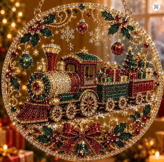 Santa’s Creations Jeweled Christmas Train Holiday Wreath – Festive Express Train with Gifts & Christmas Tree Hanging Display Item #745869