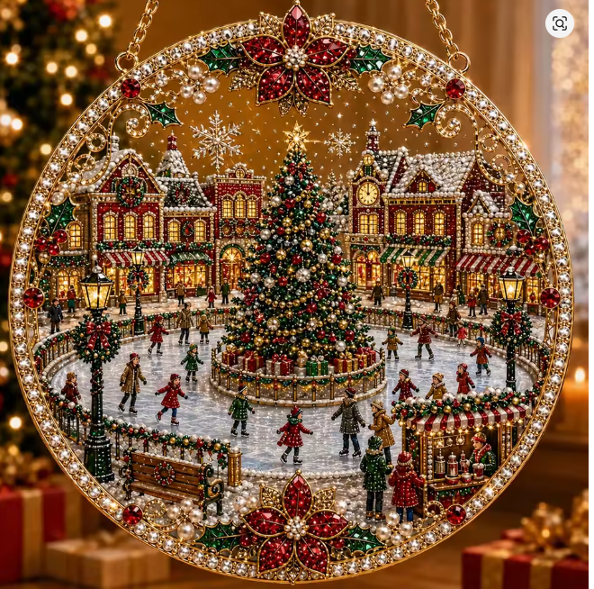 Santa’s Creations Enchanted Christmas Village Ice Skating Square Jeweled Holiday Hanging Display Item #771275