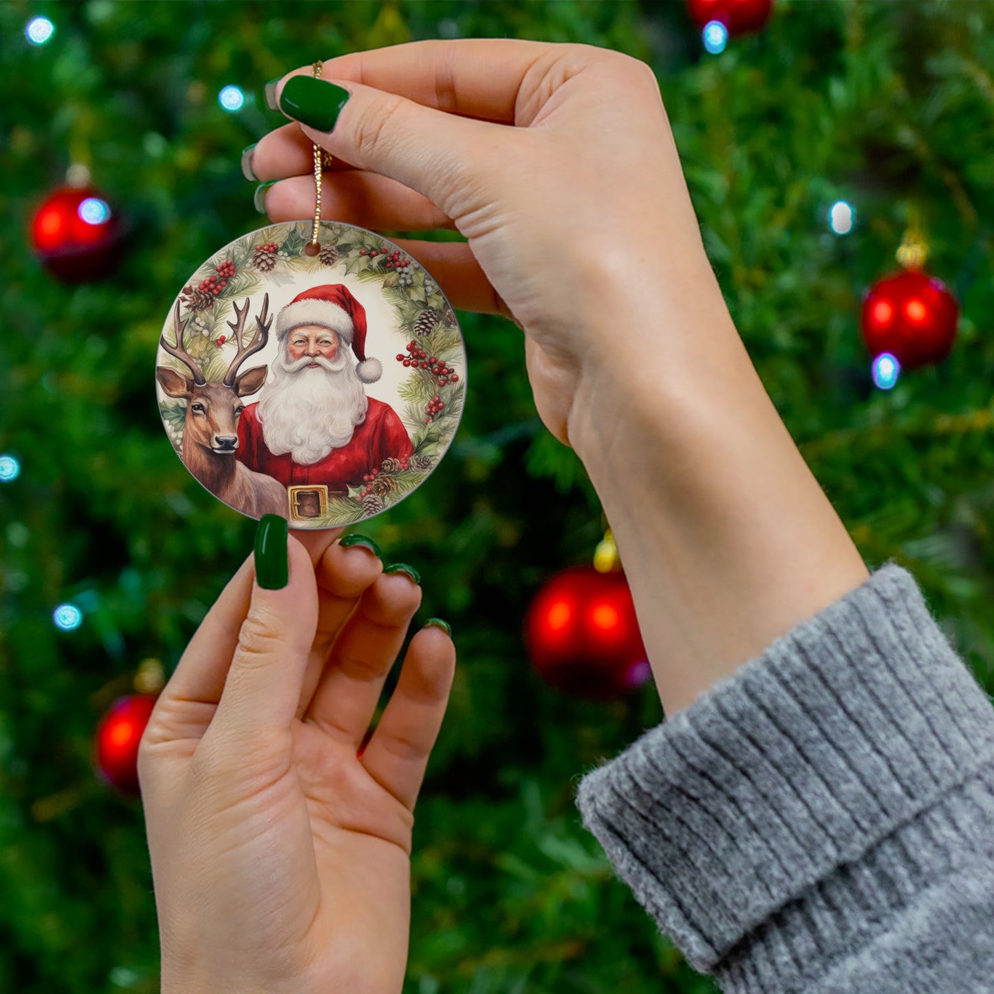 Ceramic Ornament - Santa And Reindeer      Item #366893