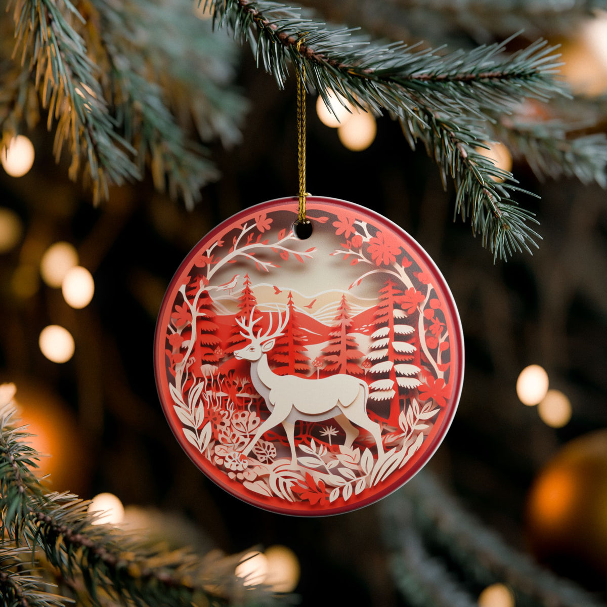 Ceramic Christmas Ornament – Red Reindeer Forest Holiday Decoration   Item #928701