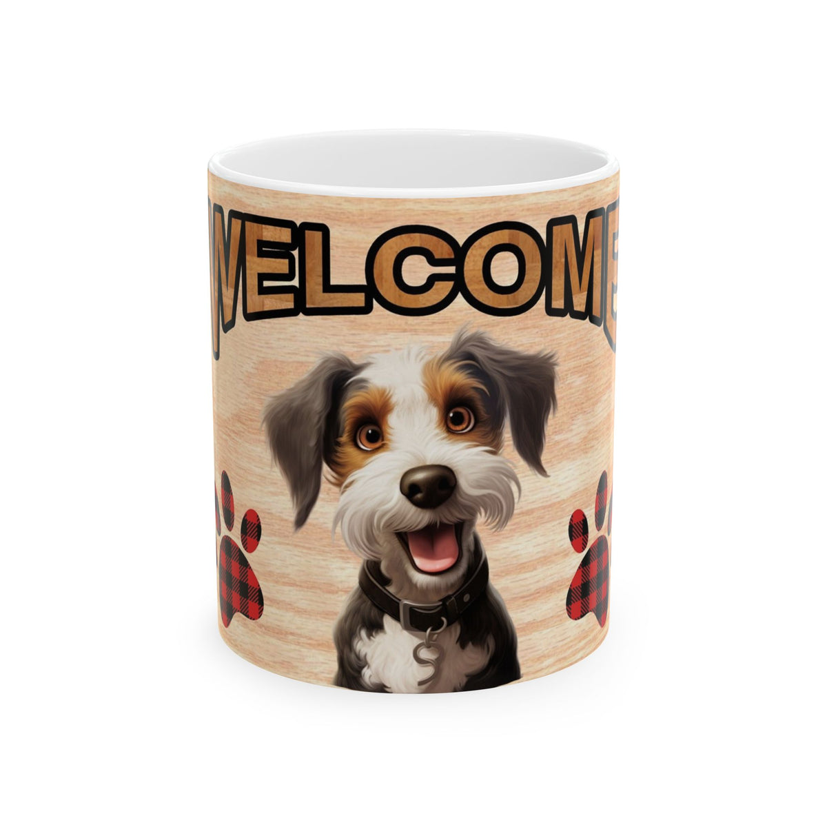 Welcome Dog Illustration Ceramic Mug – Cute Paw Print Coffee Cup 11oz    Item #305804