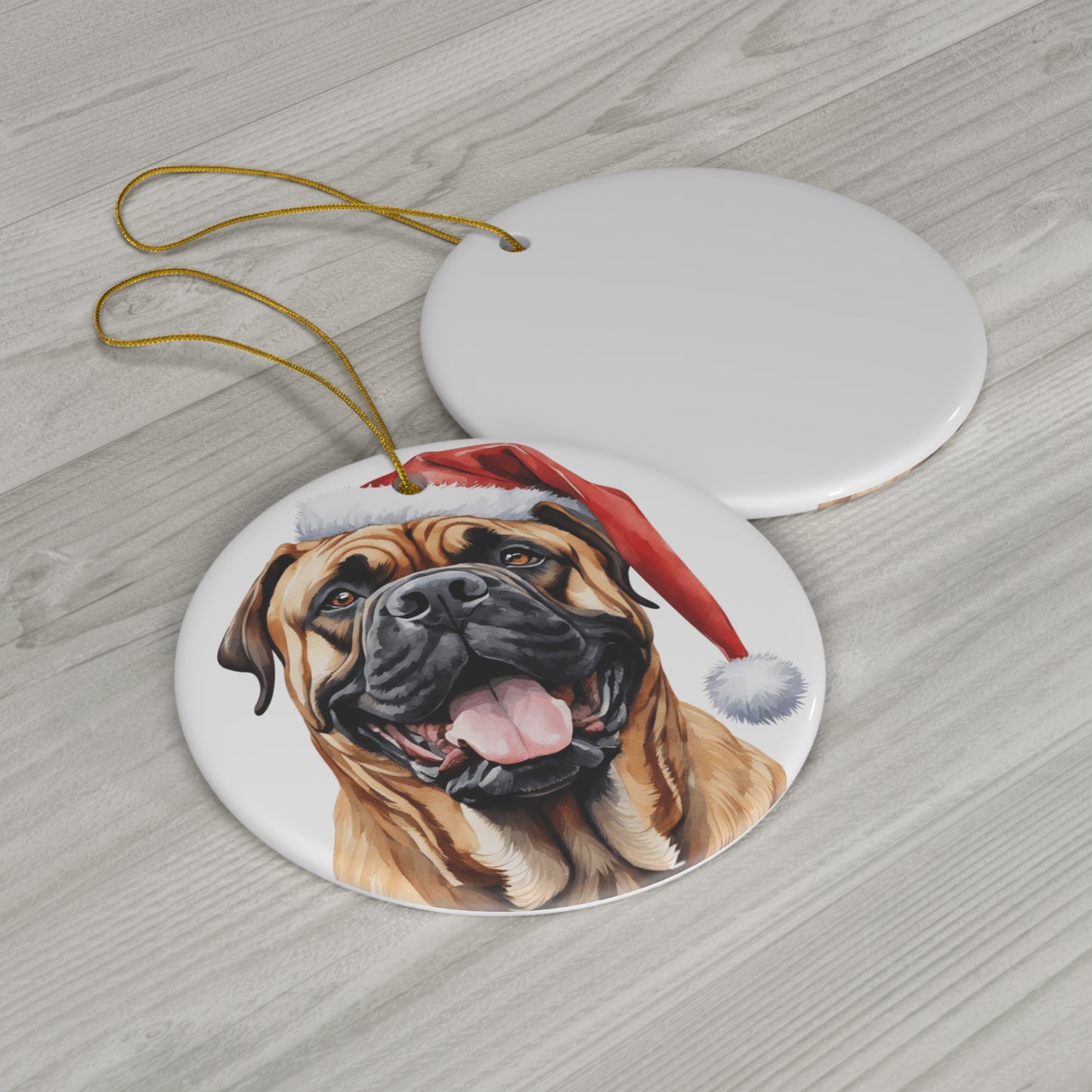 Bullmastiff Dog With Santa Hat Ceramic Disc Ornament         Item #7645113