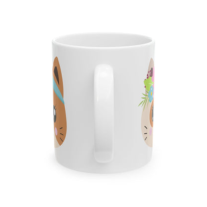 Cute Cat Faces Ceramic Mug — Floral & Headband Kitty Coffee Cup 11oz   Item #954126