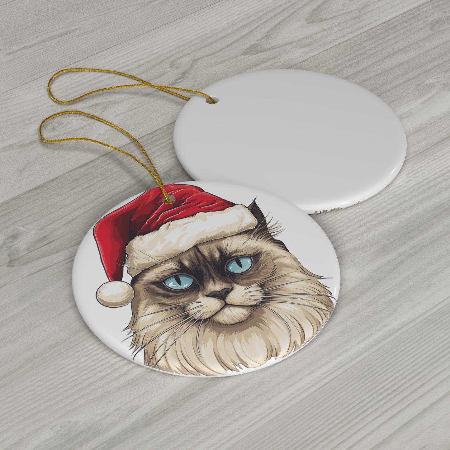 Ceramic Ornament - Birman Cat With Santa Hat      Item #6070156