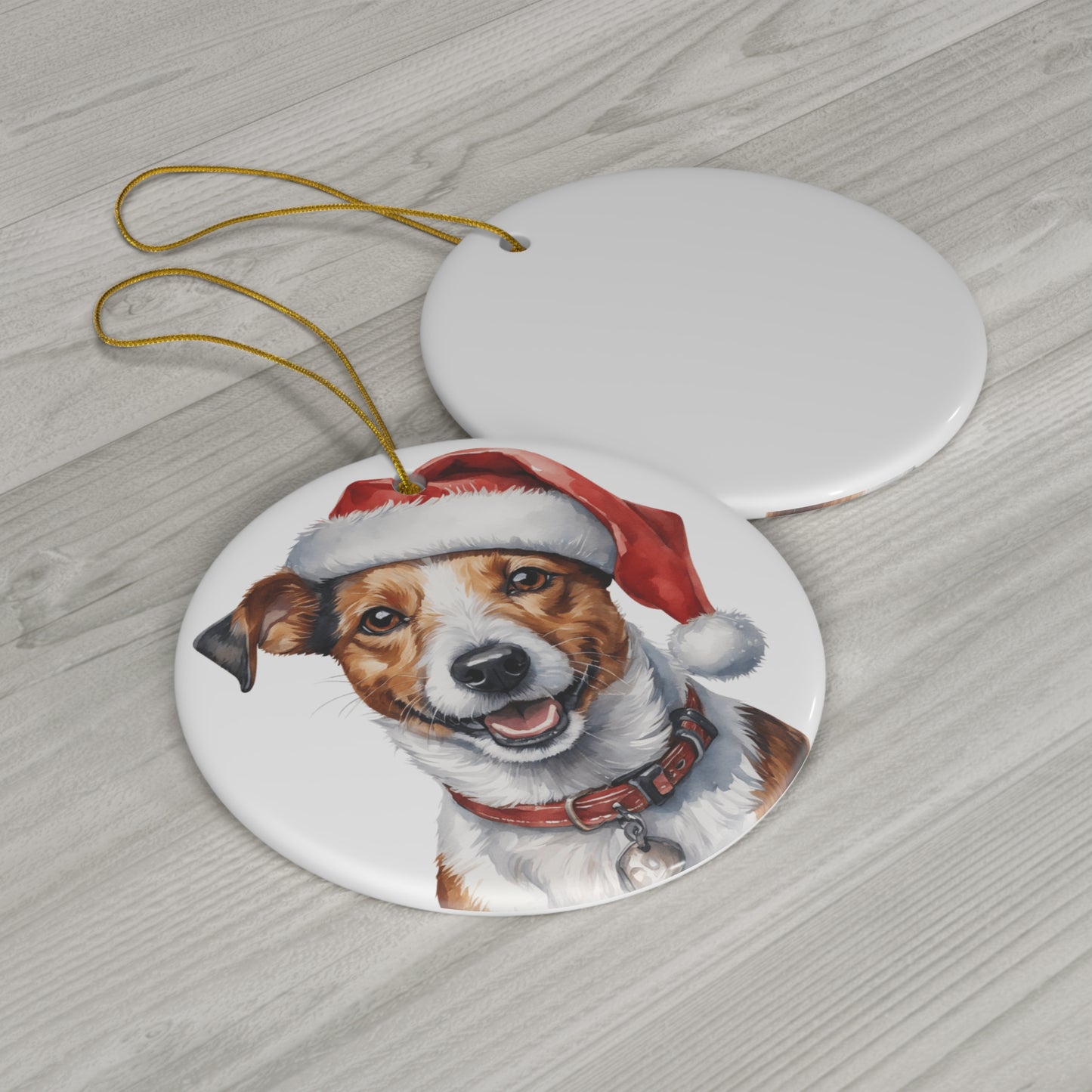 Ceramic Ornament - Jack Russell Dog With Santa Hat      Item #9737976