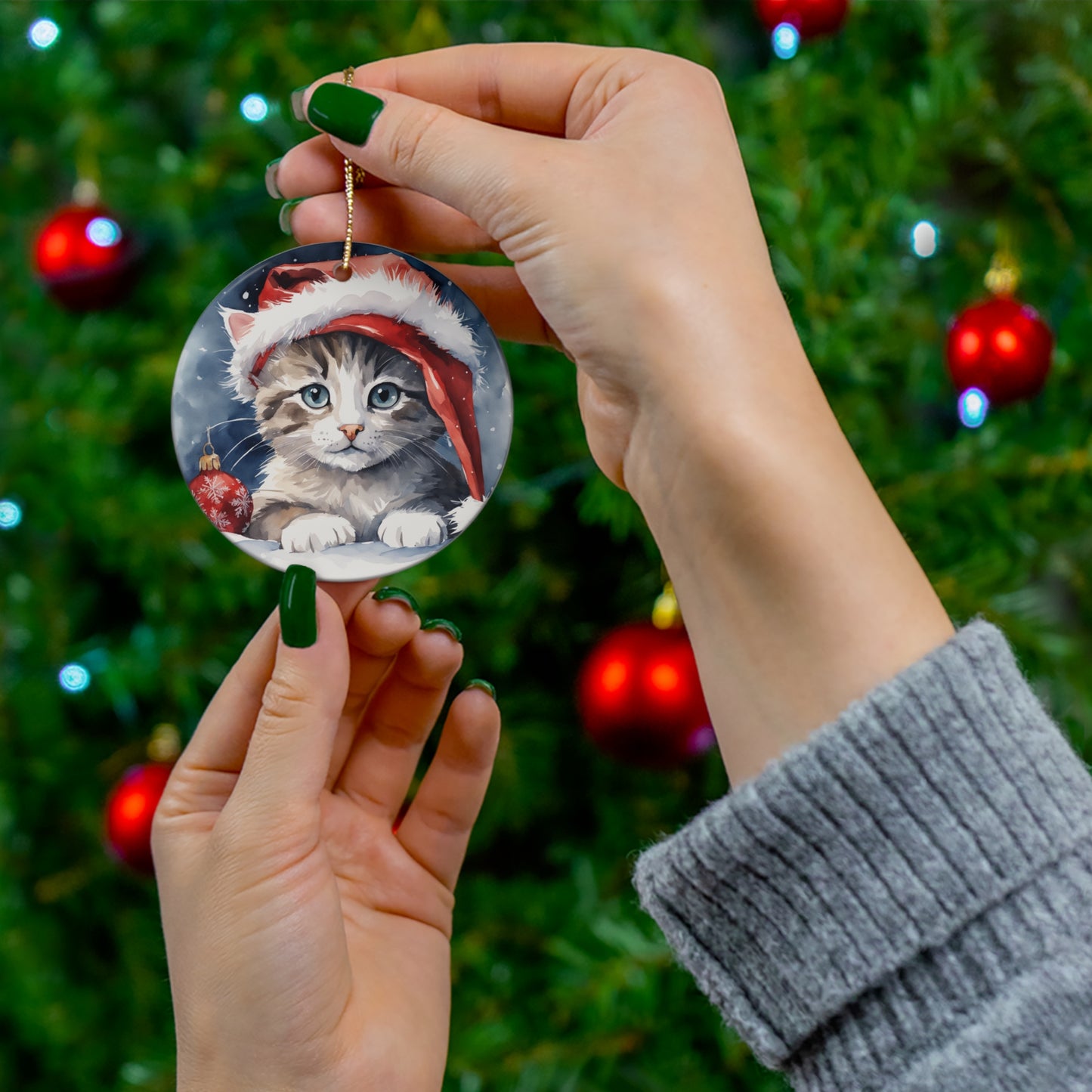 Christmas Cat Ceramic Disc Ornament     Item #6091594