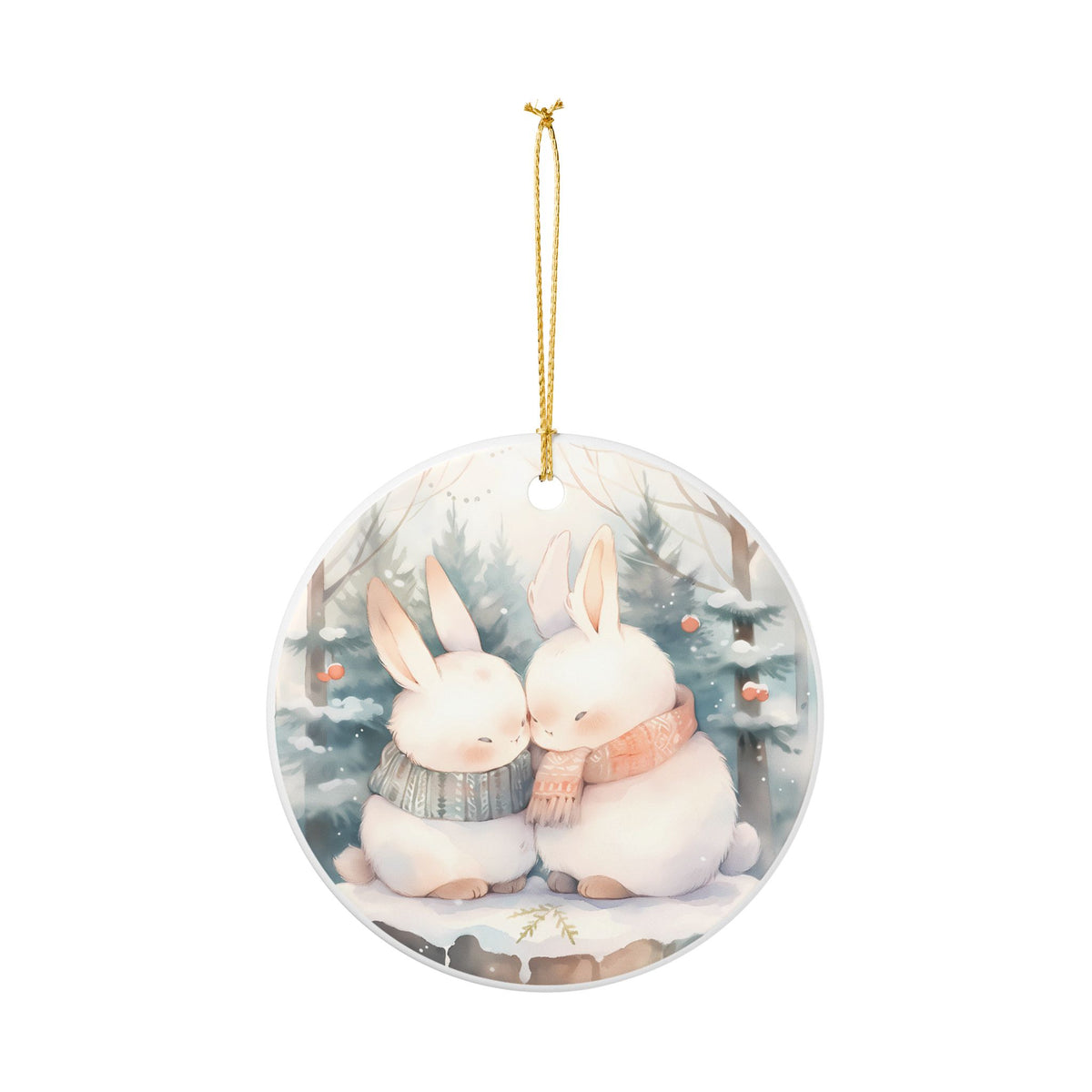 Ceramic Ornament with Cozy Winter Bunny Couple Design   Item #208416