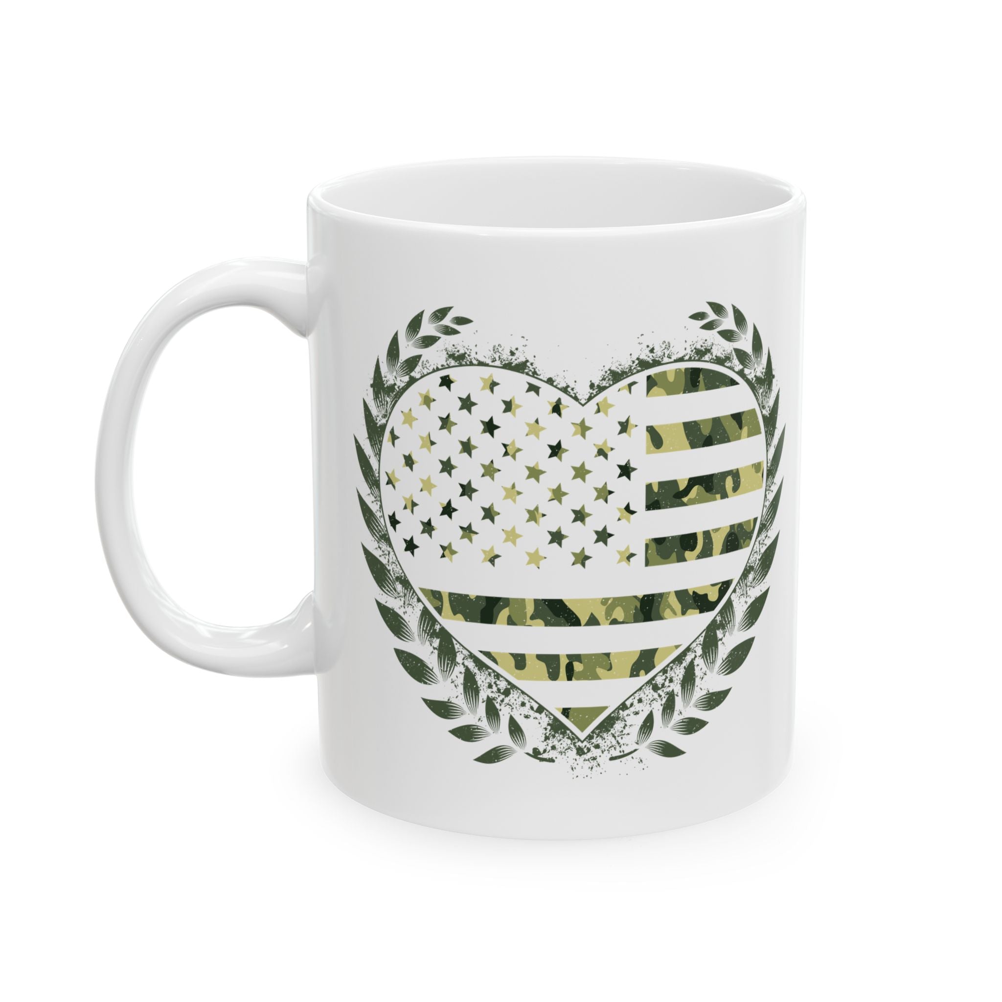 Flag Laurel Ceramic Mug — Olive Green American Flag Wreath Coffee Cup (11oz, 15oz)