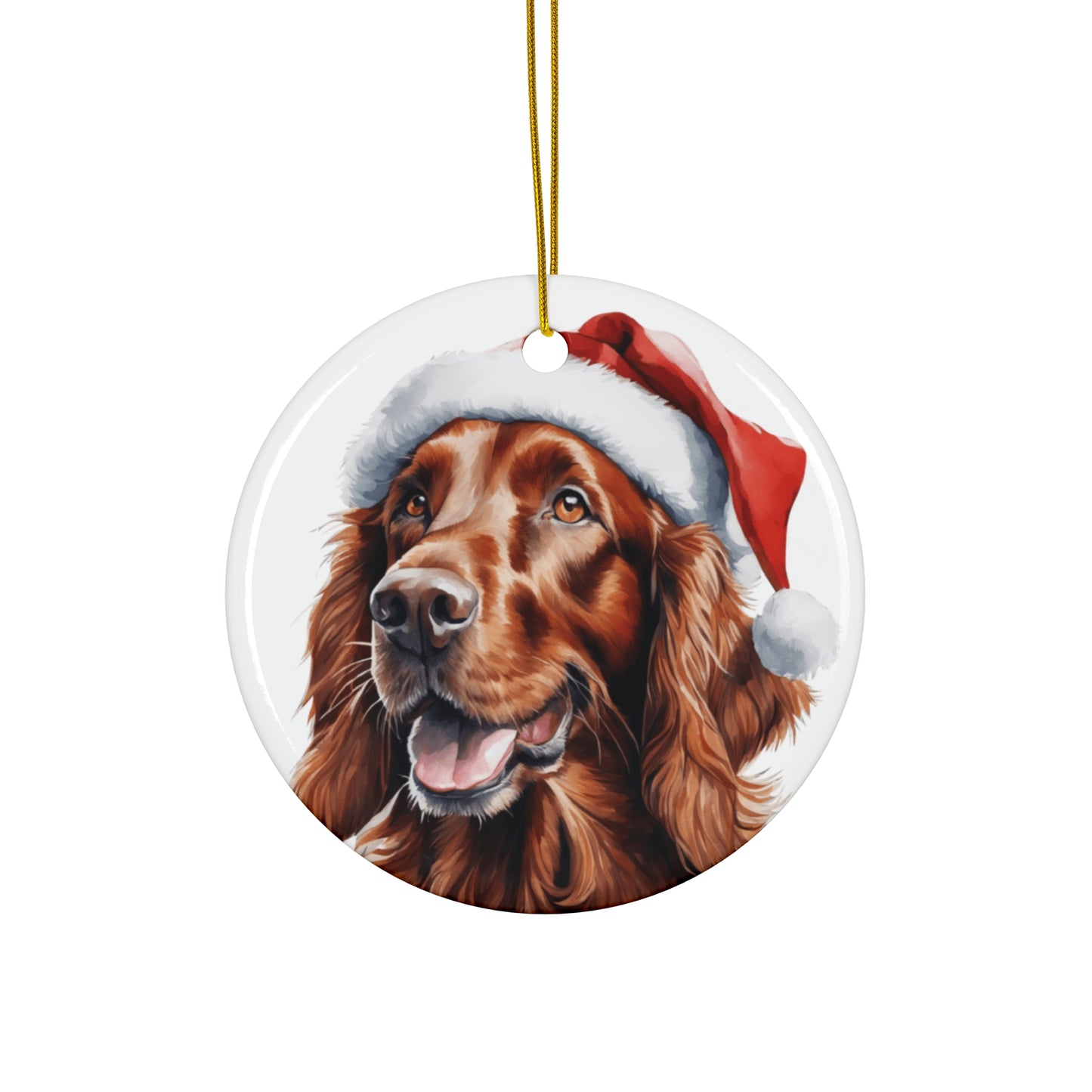 Ceramic Ornament - Irish Setter Dog With Santa Hat      Item #920418