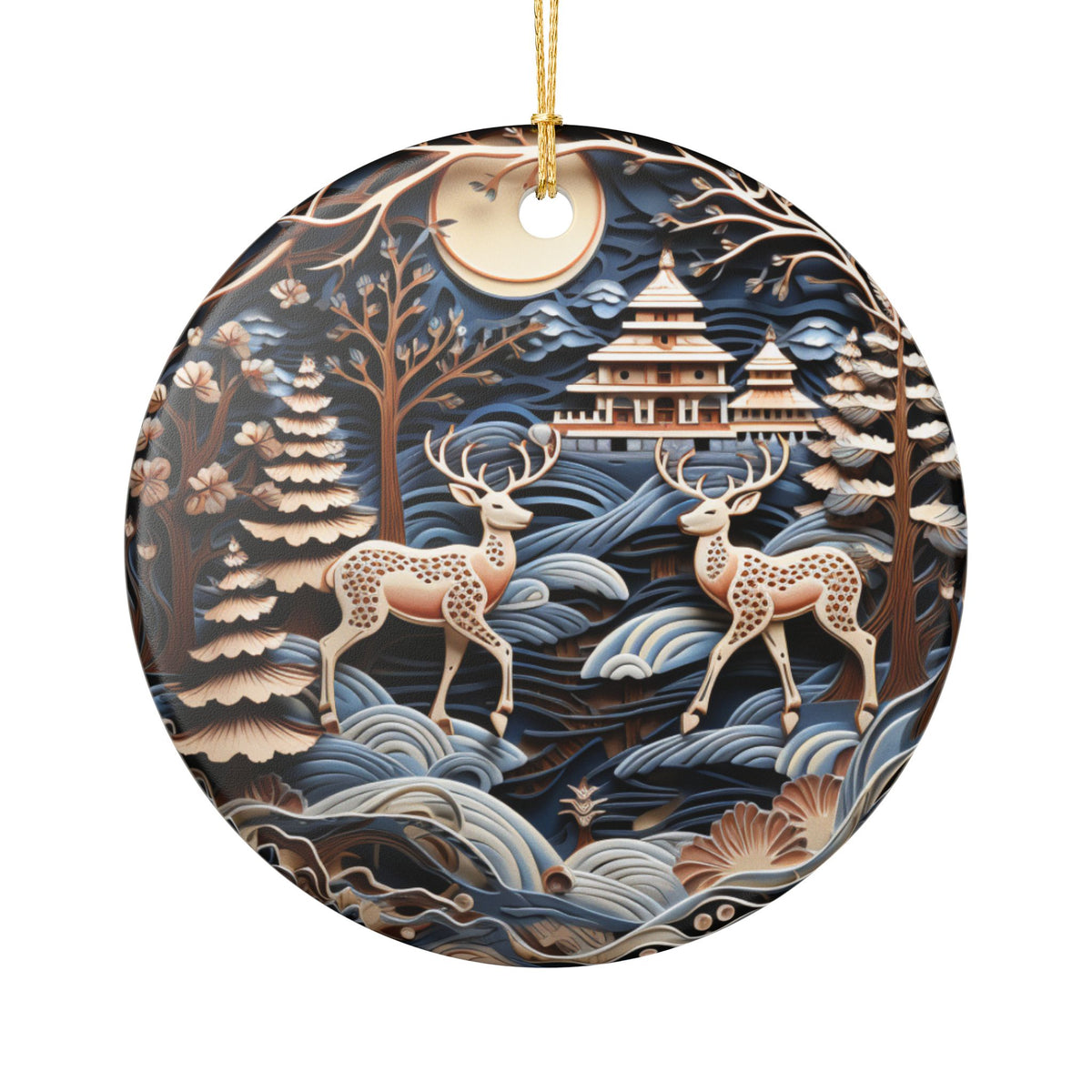 Japanese Pagoda and Deer Ceramic Ornament    Item #615396